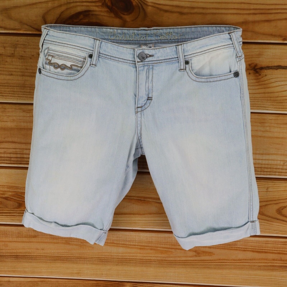 Jean Shorts Embroidered Cuffed Womens WAIST: 37 INCHES Light Blue Faded‎ Denim